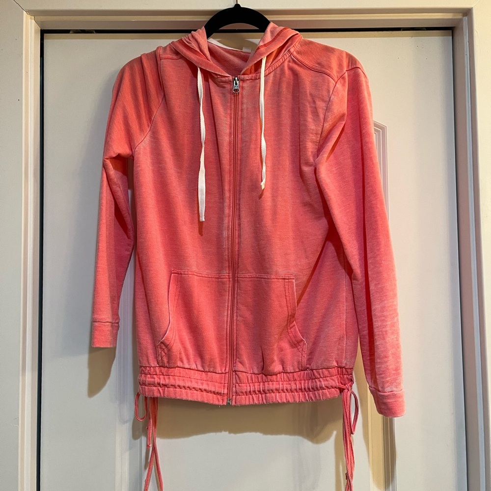 Pink/Peach Burnout zip up hoodie with side ties. Size smalll